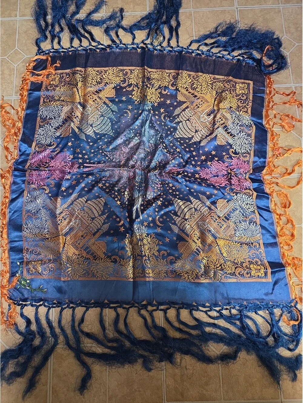 Taj Mahal -Silk -Piano Shawl Scarf Vintage 31”X31”